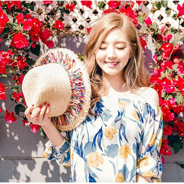 Women's Straw Hats Beach Color Tassel Summer Straw Outdoor Sun Hats for Women Hats Accessories