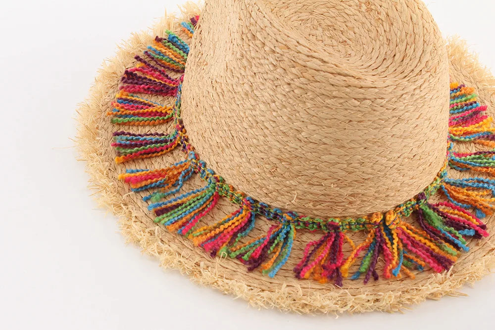 Women's Straw Hats Beach Color Tassel Summer Straw Outdoor Sun Hats for Women Hats Accessories