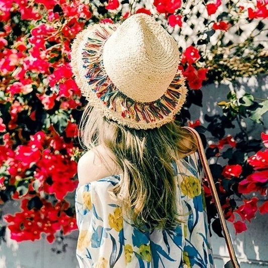 Women's Straw Hats Beach Color Tassel Summer Straw Outdoor Sun Hats for Women Hats Accessories